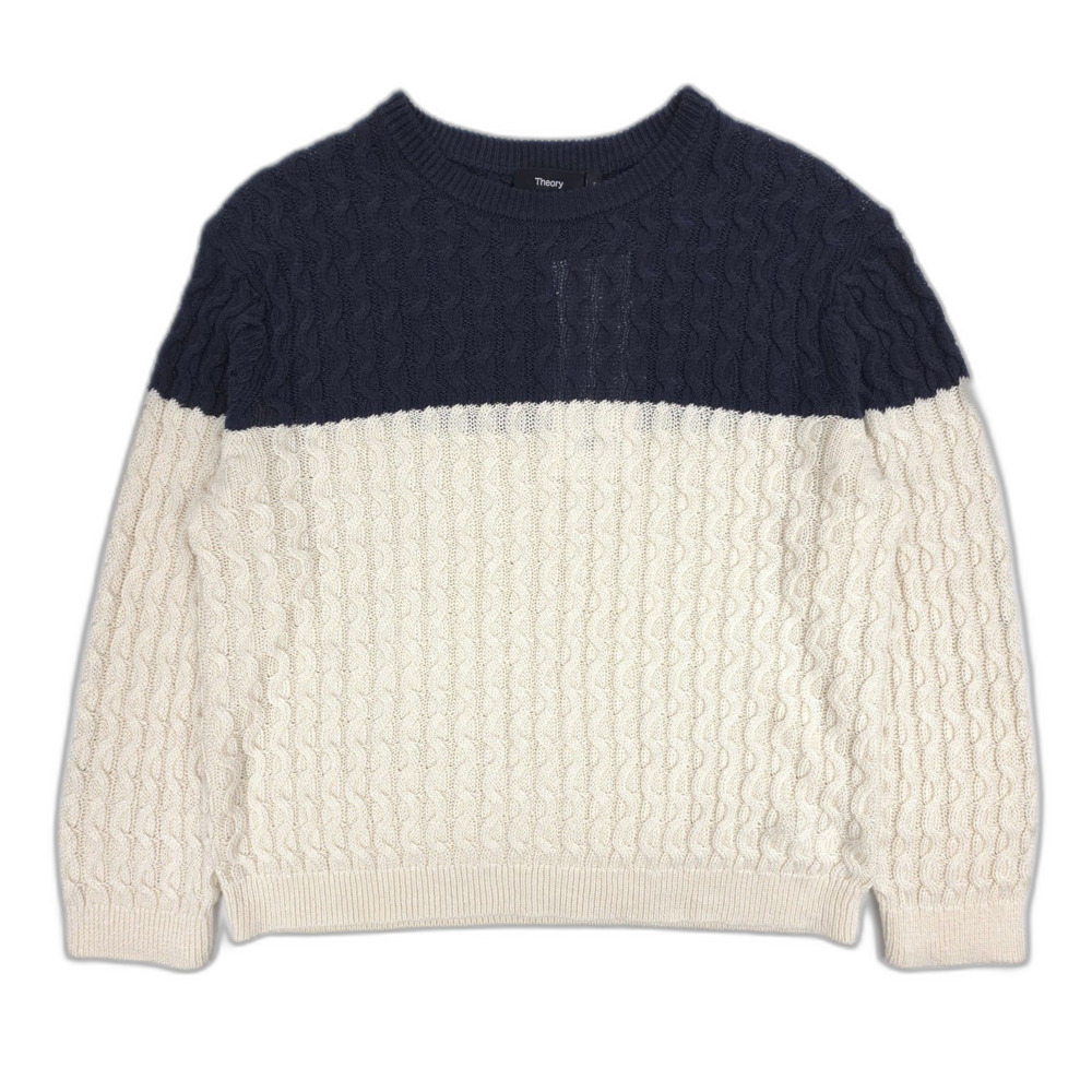 NWT Theory Linen Color Block Cable Knit Sweater Nocture Navy French Girl Minimal